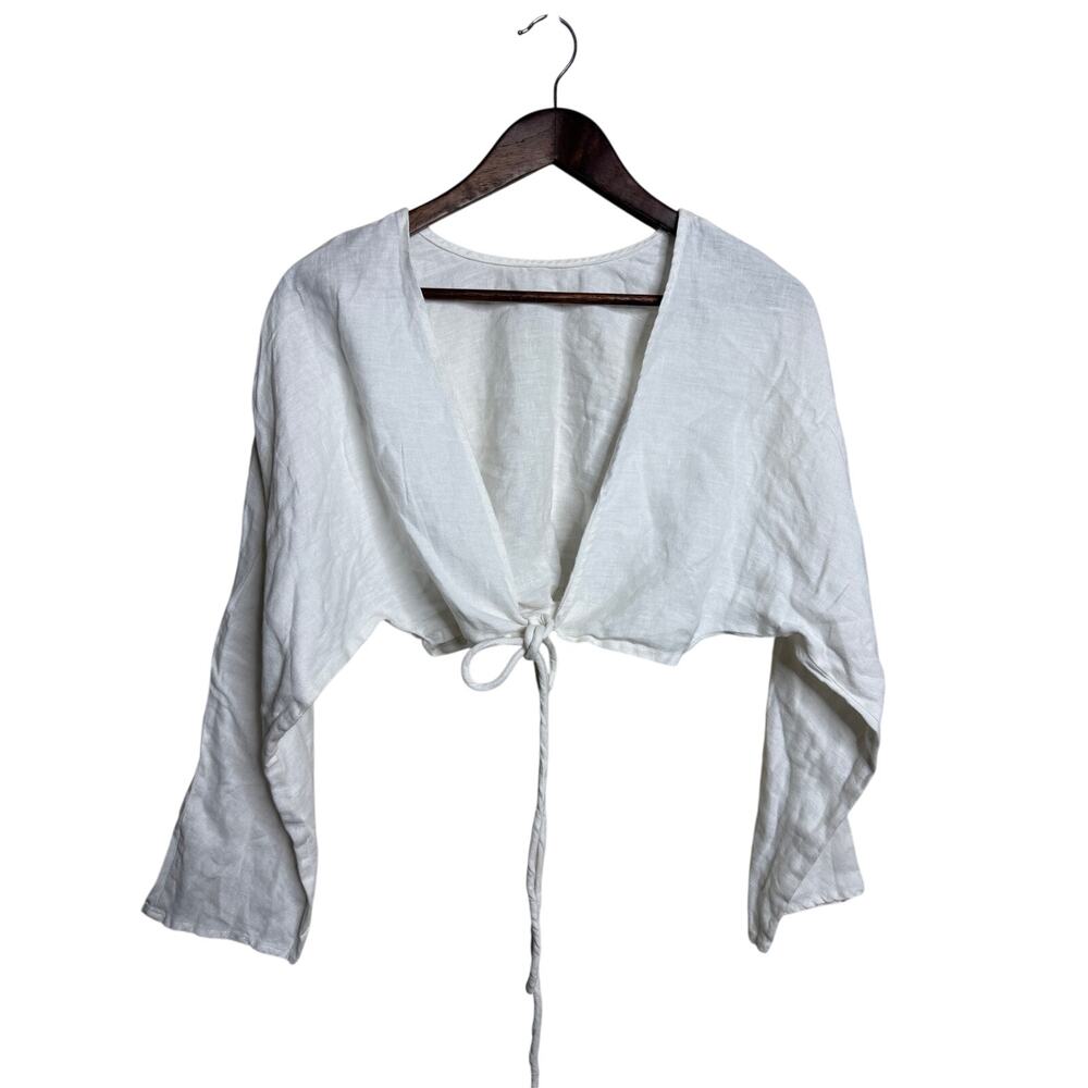 SIR. White 100% Linen Cropped Tie Front Long Sleeve Top Size 1 Small